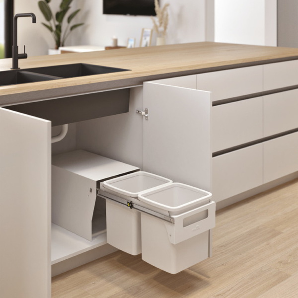 Hideaway Waste Bin Compact Soft-Close 2x15 Ltr Floor Mounted, Handle Pull