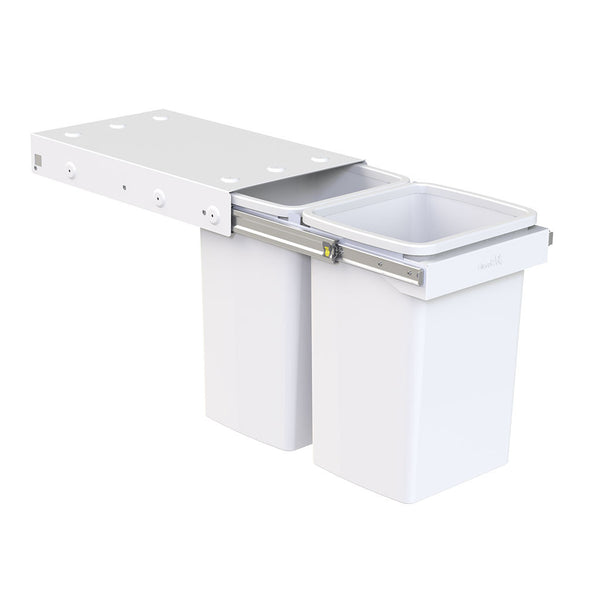 Rubbish bin by Hideaway with two pails with 20 litre capacity each, top mounted into cupboard, handle pull,